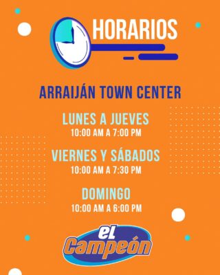 ¡Todo lo que necesitas en un solo lugar!

Visita @elcampeonpanama en  #ArraijánTownCenter de lunes a jueves de 10:00 am a 7:00 pm, viernes y sábado de 10:00 am a 7:30 pm, domingo 10:00 am a 6:00 pm. 

¡Te esperamos!

-
#ArraijánTownCenter #CentroComercial #ViveTown #ElCampeon #Horario